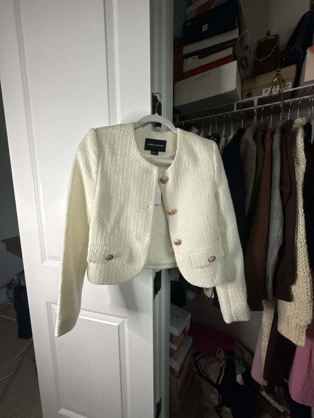 Urban Revivo White Cropped Tweed Jacket With Gold Buttons